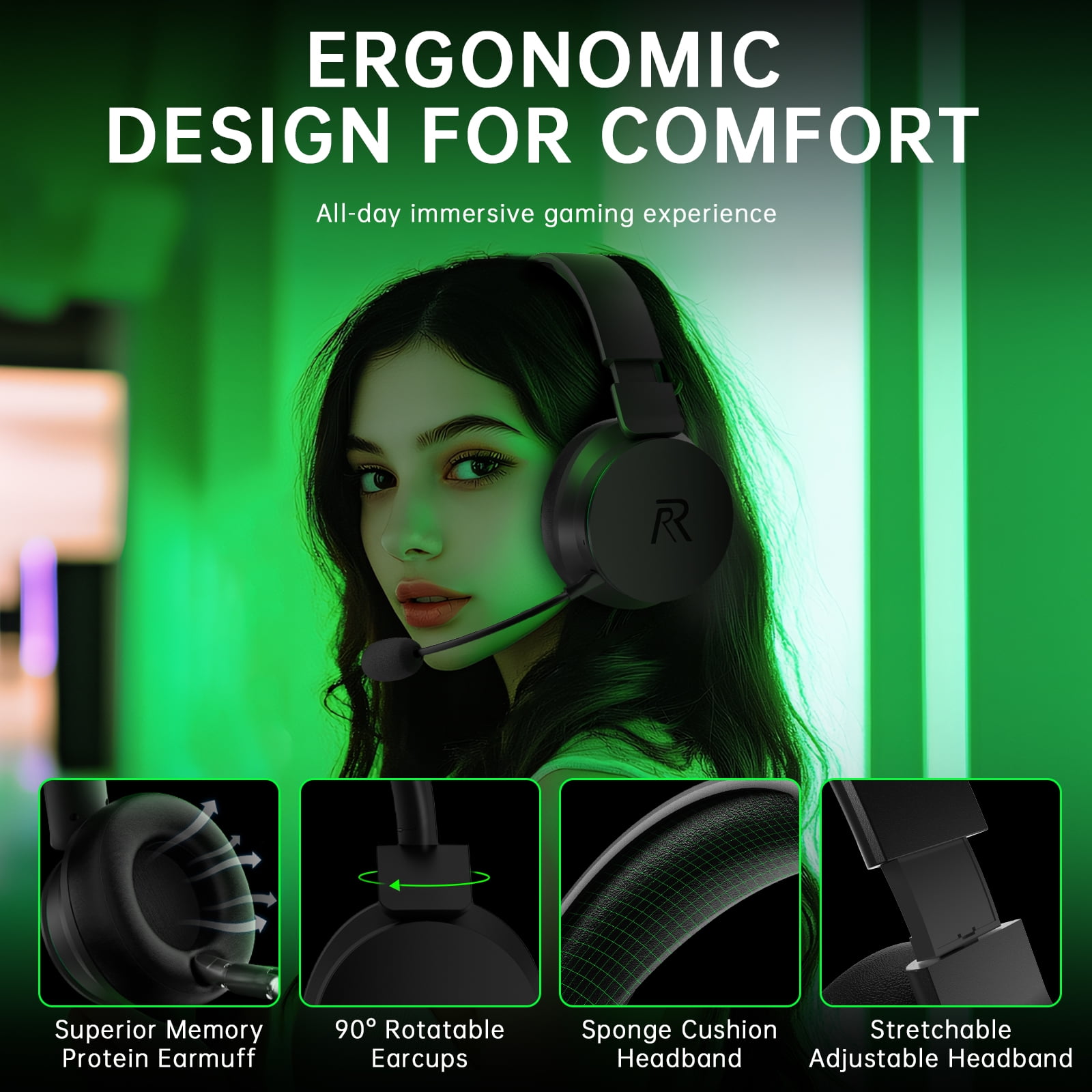 FONHAID 2.4GHz Wireless Gaming Headset for Xbox Series X|S, Xbox One, PS5/PS4, Mac, Switch, Bluetooth 5.3 Gaming Headphones with Detachable Noise Canceling Mic, 45H Battery, 50mm Drivers - Black