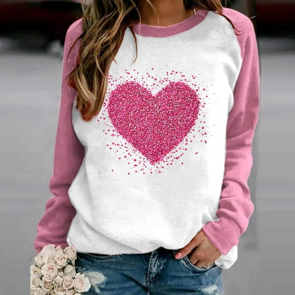 VgaVtl Valentines Sweatshirt for Women Pink Long Sleeve Tops for Women Gifts for Girlfriend Holiday Heart Print Loose Tops