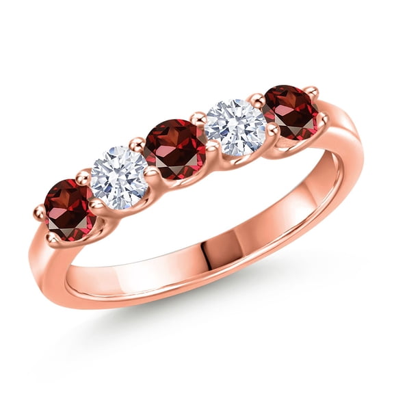 Gem Stone King 18K Rose Gold Plated Silver Red Zirconia and White Zirconia Wedding-Bands Ring for Women | 1.16 Cttw | Round 3.5MM | Gemstone Birthstone | Size 9