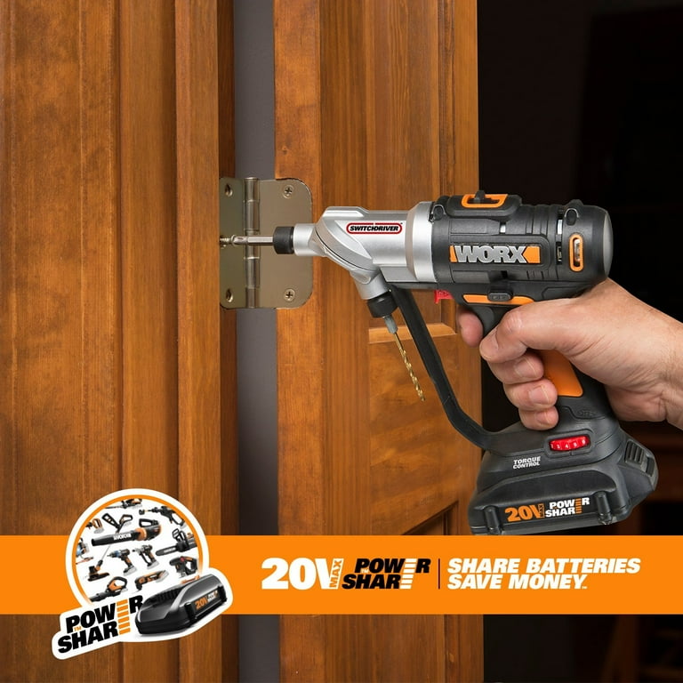 WORX WX176L 20V Switchdriver 2 in 1 Cordless Drill and Driver with Rotating Dual Chucks and 2 Speed Motor with Precise Electronic Torque Control