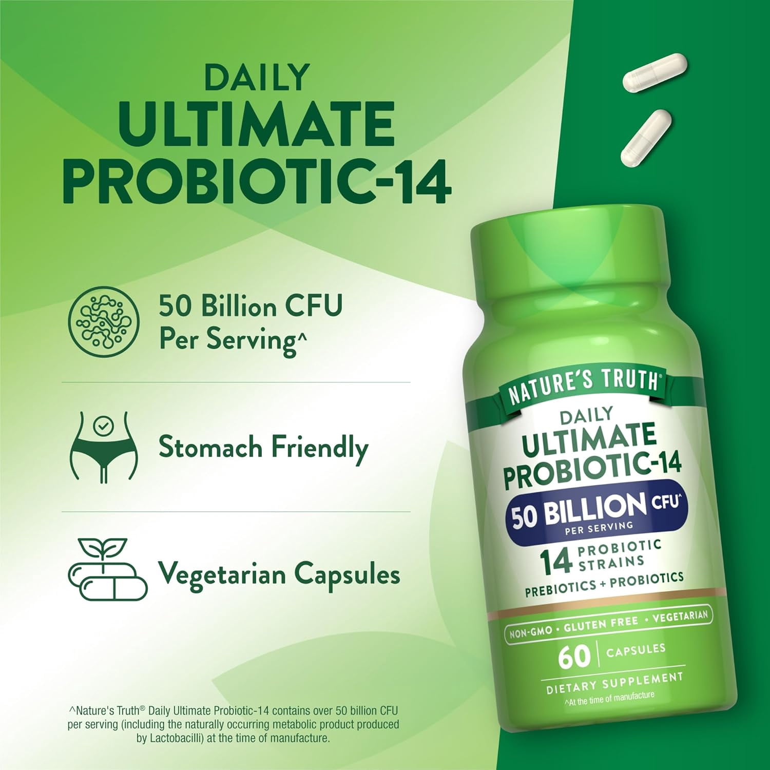 Probiotic | 50 billion CFU | 14 Probiotic Strains | 60 Capsules | 200mg Prebiotics | by Nature's Truth