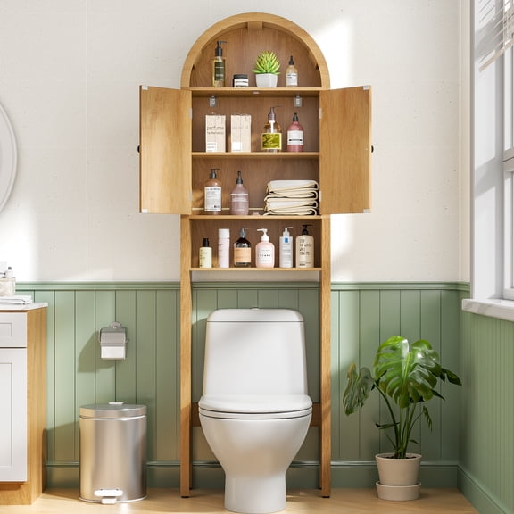 Over The Toilet Storage Cabinet, 4 Tier Bathroom Shelf Organizer with Doors, Wood Color