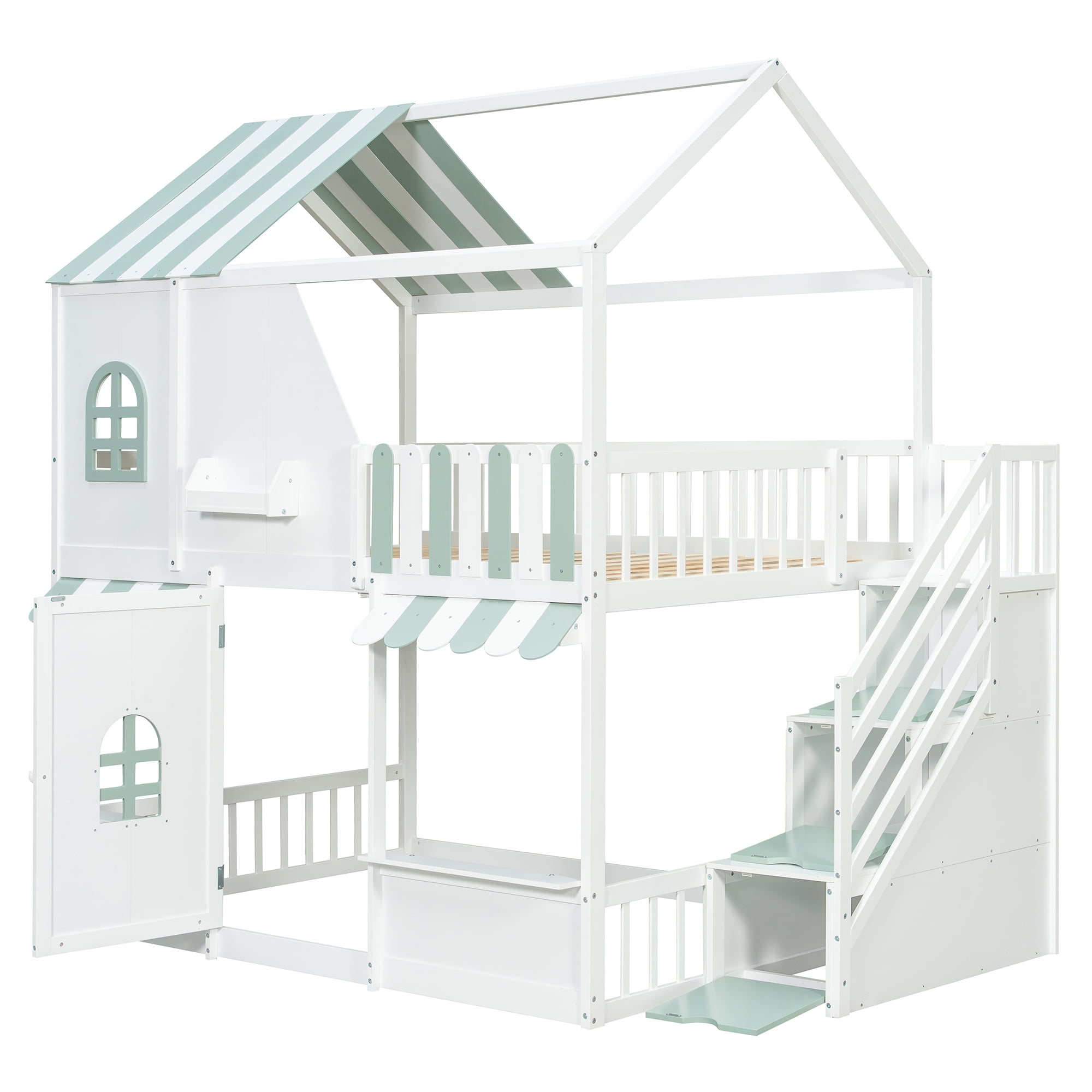 Leumius Full Over Full House Bunk Bed with Storage Staircase & Shelves, Wooden Kids Bunk Bed Frame with Playhouse Design, Roof & Door, Storage Steps and Open Shelving for Boys Girls White+Green
