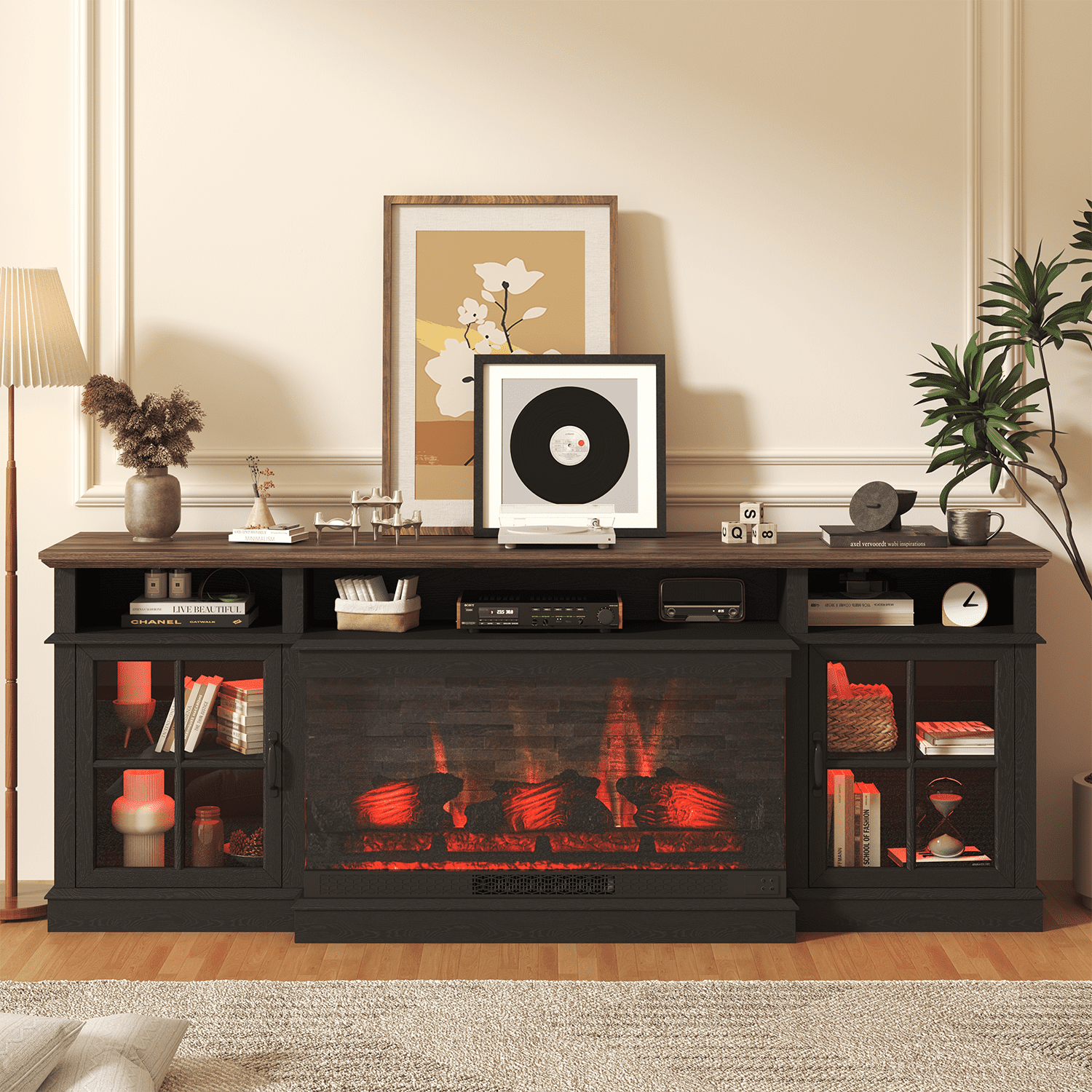 Sonegra 70 inch Fireplace TV Stand for TVs up to 80" with Electric Fireplace, Farmhouse Entertainment Center with LED Lights and Glass Door, Modern TV Consoles for Living Room, Black