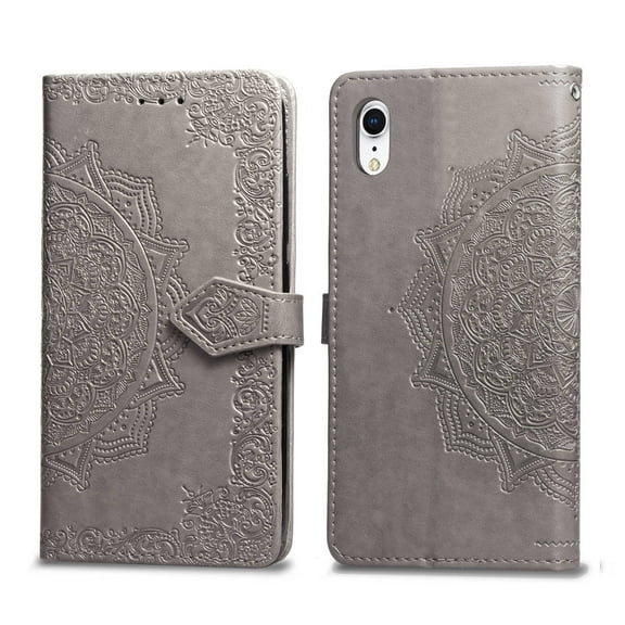 iPhone Xr Wallet Cases and Covers, Allytech Slim Premium PU Flip Stand Cover Mandala Embossed Full Body Protection with Card Holder Magnetic Closure for iPhone Xr, Gray