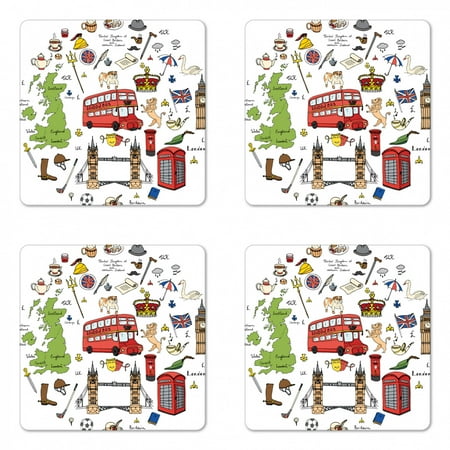 

Travel Coaster Set of 4 Hand Drawn Famous Tourist Places Big Ben London UK British Monuments Illustration Square Hardboard Gloss Coasters Standard Size Multicolor by Ambesonne