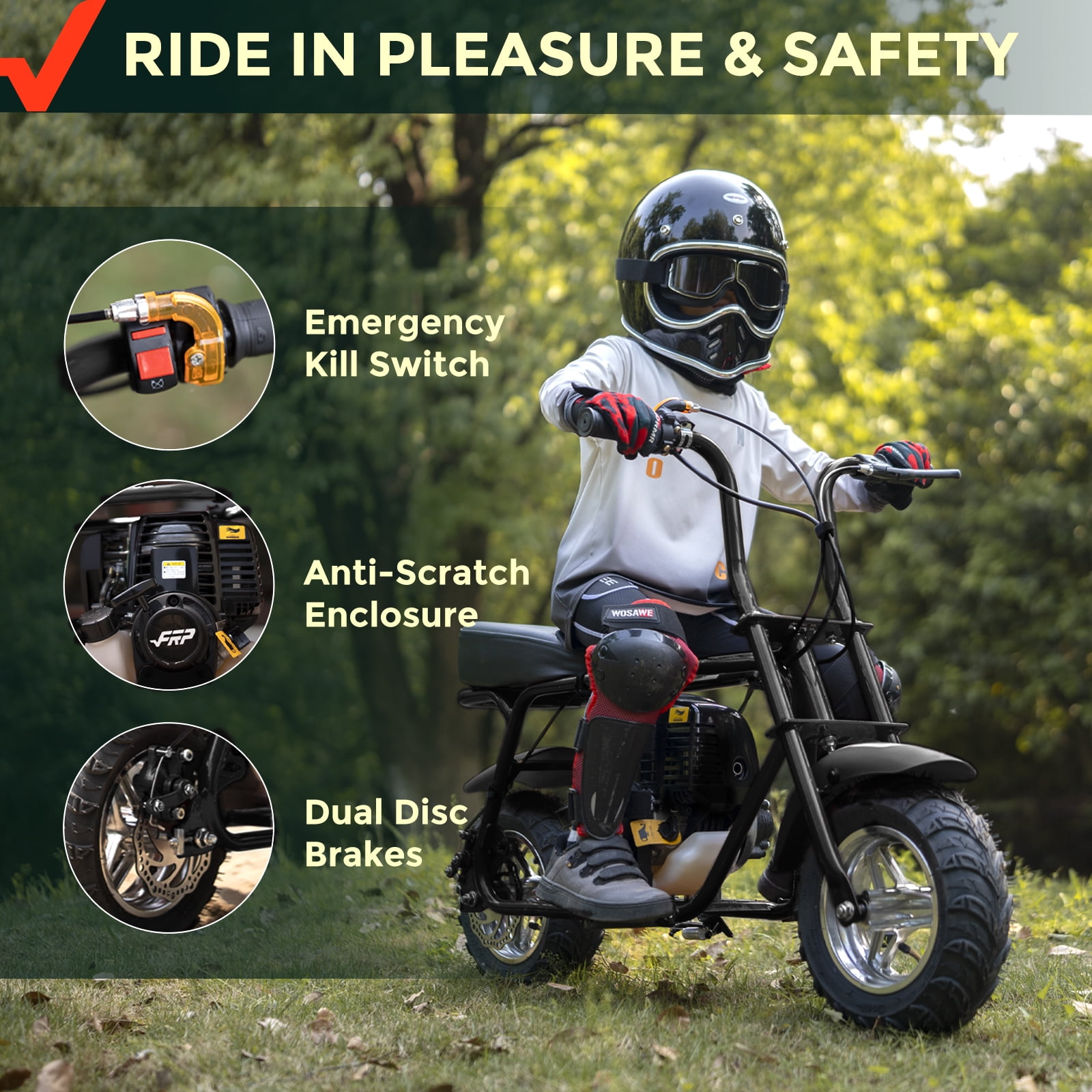 FRP MB40 Basic Package 40cc 4-Stroke Gas Powered Mini Dirt Bike for Kids, 18MPH Off-Road Motorcycle with Pull Start, Dual Disc Brakes & Rear Suspension – Black