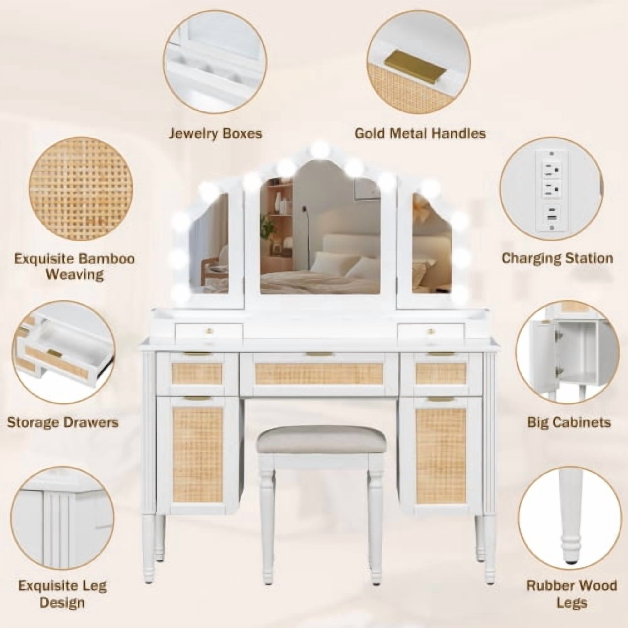 44.37" White Makeup Vanity Desk Set with Lighted Tri-Fold Mirror & Stool, 13 Bulbs, 3 Color Lighting Modes, Charging Station, Ample Storage