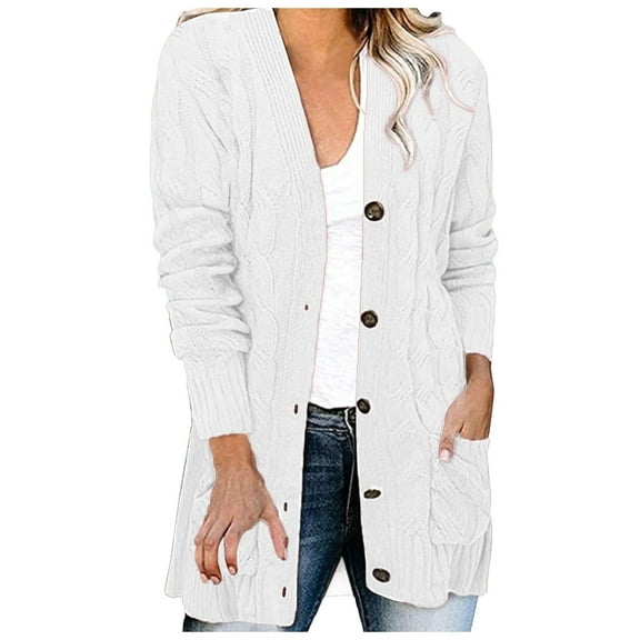 Fiaer Womens Casual Long Knit Cardigan Sweaters Loose Button Down V-Neck Long Sleeve Trendy Tops With 2 Pockets White XL