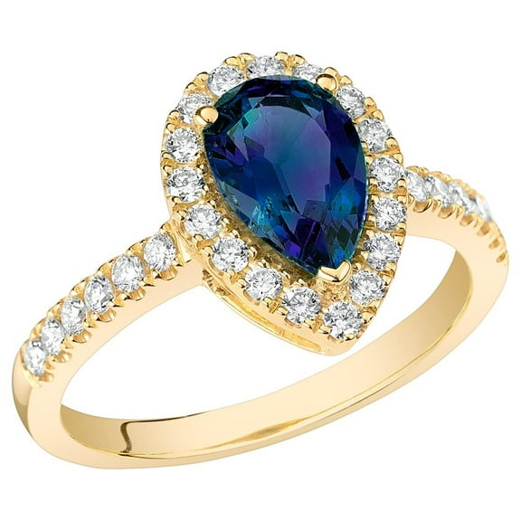 PEORA Created Alexandrite Lab Grown Diamond Ring in 14K Yellow Gold, 1.95 Carats Total, Color-Changing Pear Shape, Size 9.5
