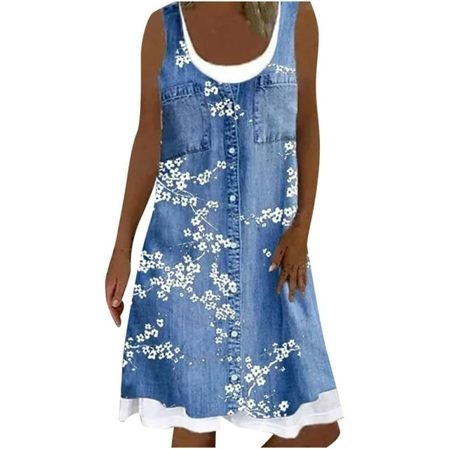 CHUANK Robes d'Été pour Femmes Grande Taille Robes d'Été Grande Taille pour Femmes Plage Col en U Sans Manches Faux Deux Pièces Robe T-Shirt de Fête Midi Robe Ample