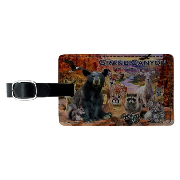 Grand Canyon National Park Arizona AZ Animals Cougar Bear Deer Raccoon Rectangle Leather Luggage Card Suitcase Carry-On ID Tag