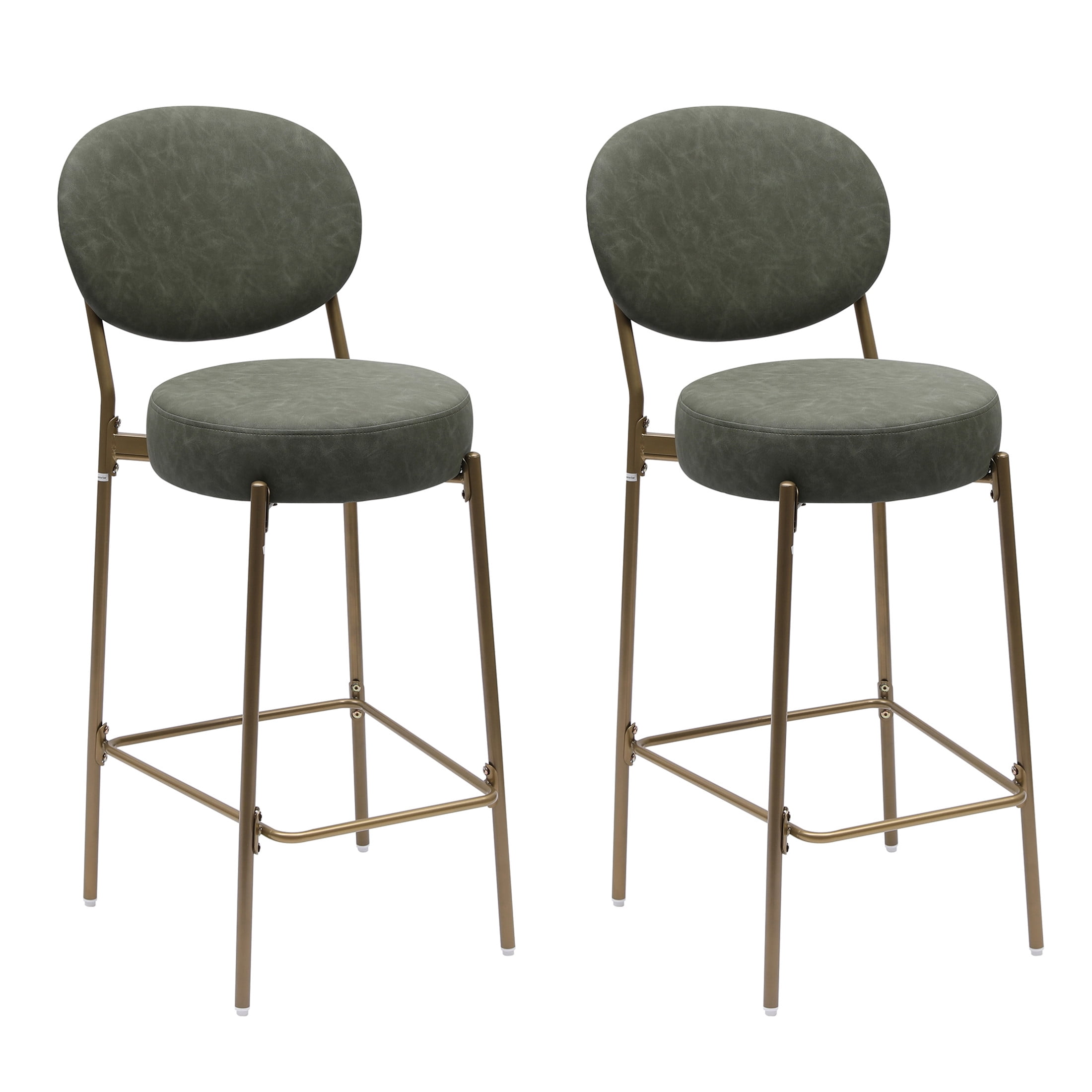 Noble House Faux Leather Bar Stools Set of 2 with Backrest & Footrest, Counter Height Chairs, Green