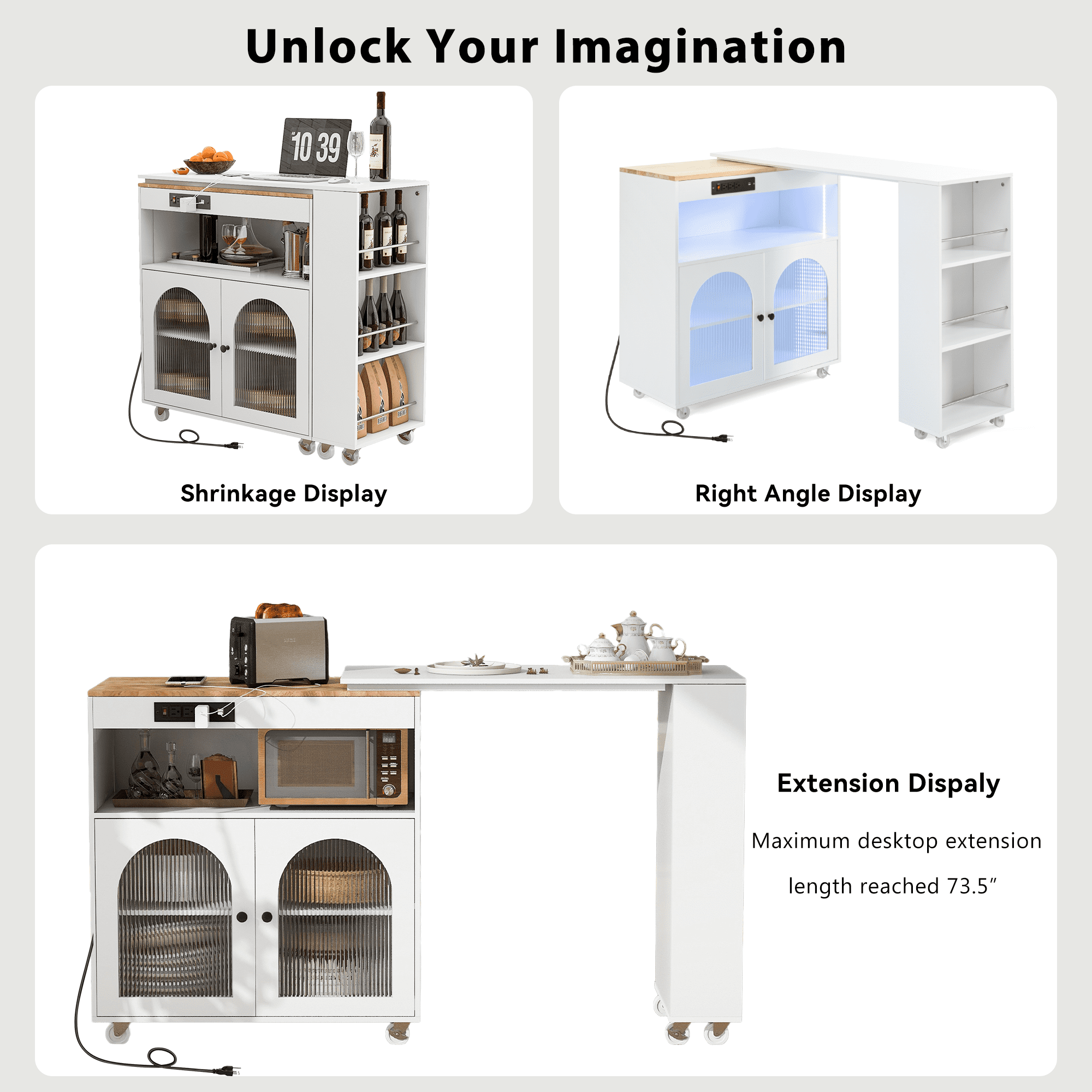 EUROCO Kitchen Island Cart with Extended Table, Rolling Kitchen Island with LED Lights, Power Outlets,Storage Cabinet and 2 Fluted Glass Doors, White