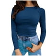 thumbnail image 1 of IROINID Reduced Womens Long Sleeve Tops Fall Stretch Slim Fitted Ribbed T-Shirt Blouse Solid Basic Tops,Blue, 1 of 5