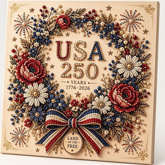 CCOCC Usa 250Th Anniversary Beaded Floral Art Kit,Patriotic Diy Pearl Embroidery Canvas 1776-2026 Edition,Us 250Th Diy Pearl Beaded Floral Craft Decoration,4Th of July Diamond Pa"Tkit Wreath