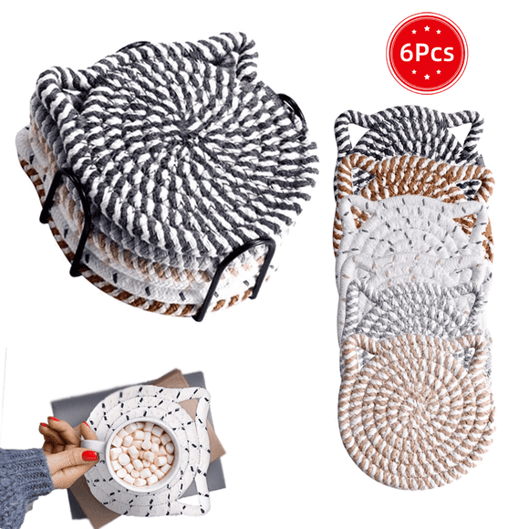 Juego de Posavasos con Orejas de Gato, Posavasos de Algodón Tejido a Mano para Gatos, Posavasos Absorbente Antideslizante para Bebidas, 6 Pzas con Soporte