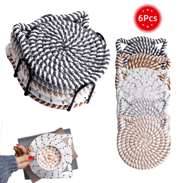 Juego de Posavasos con Orejas de Gato, Posavasos de Algodón Tejido a Mano para Gatos, Posavasos Absorbente Antideslizante para Bebidas, 6 Pzas con Soporte
