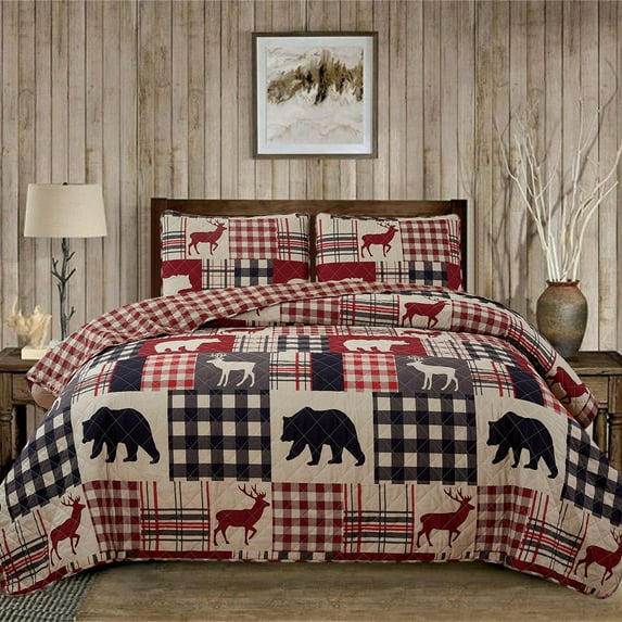 Market & Place Reversible Lodge Themed Buffalo Plaid Quilt Set