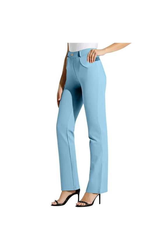 Dressy Office Pant for Women Solid Color High Waist Business Pants Yoga Legging with Pockets Stretchy Seamless Leggings Light Blue L