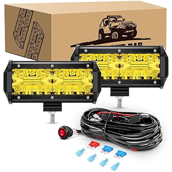 Waywe 2PCS 6.5 Inch Amber LED Pods 120W Triple Row Flood Light Bar Fog Light Driving Lighting with 16AWG Off Road Wiring Harness-2 Leads for Truck Golf Cart SUV ATV UTV Boat, Clear,Yellow (Auto-652)
