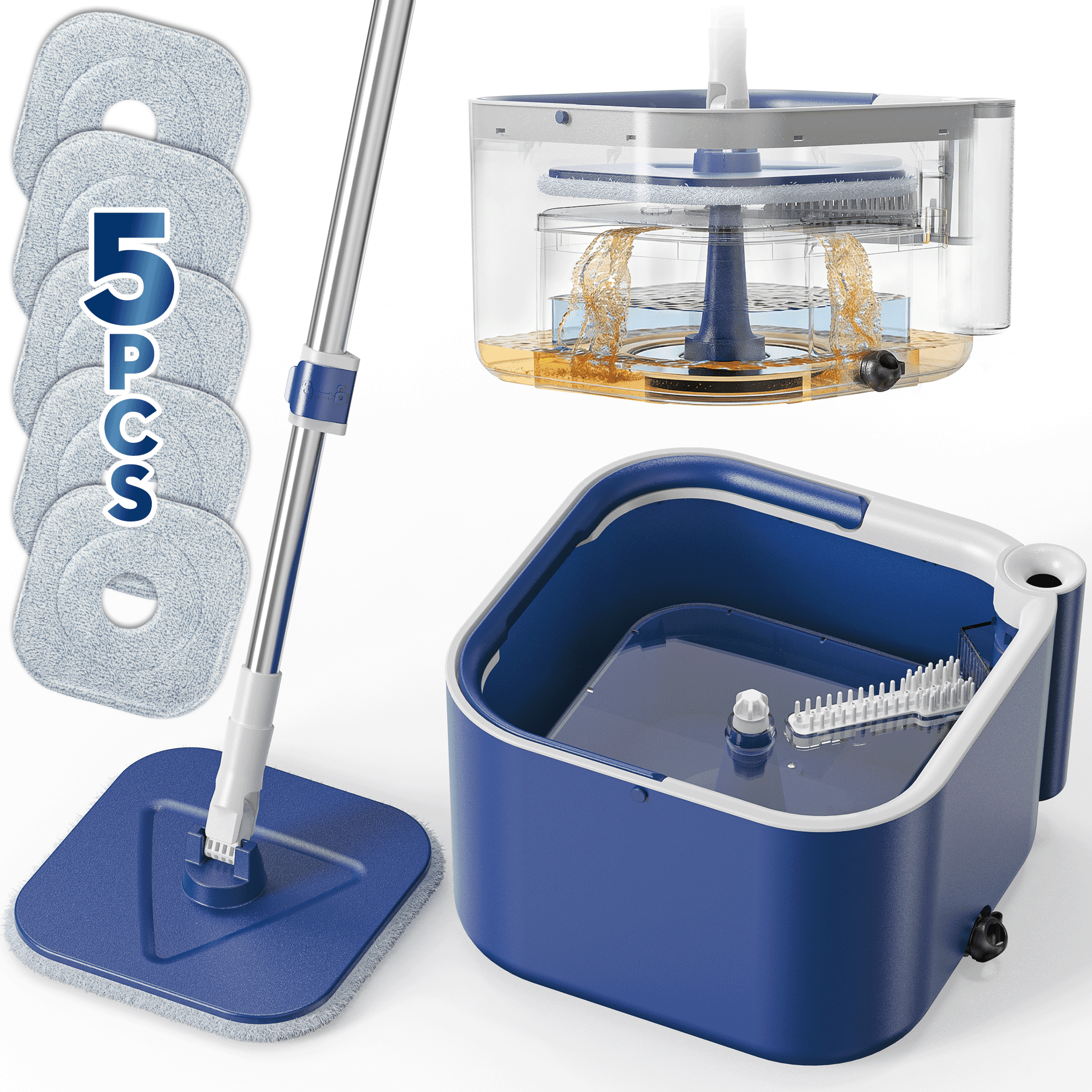 SUGARDAY Spin Mop and Bucket with Wringer Set, Floor Mop Bucket System with Separate Clean Dirty Water, Flat Wall Mops for Floors 360° Spin Mop Head 5 Microfiber Pads