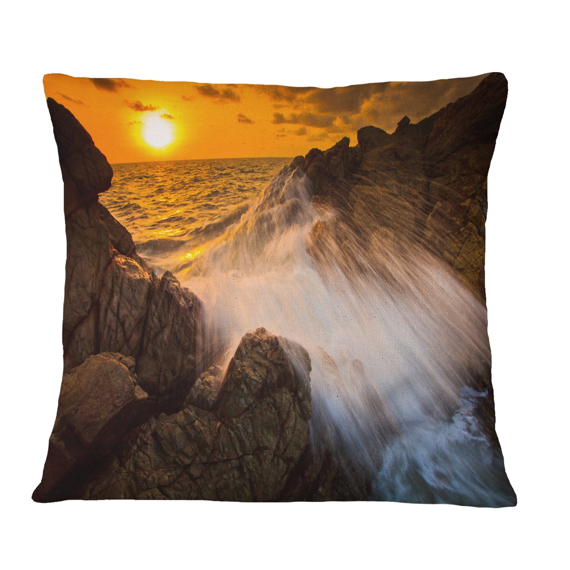 Designart Sunset Sea Wave Impact Rocks at Sunset - Seascape Throw Pillow - 18x18