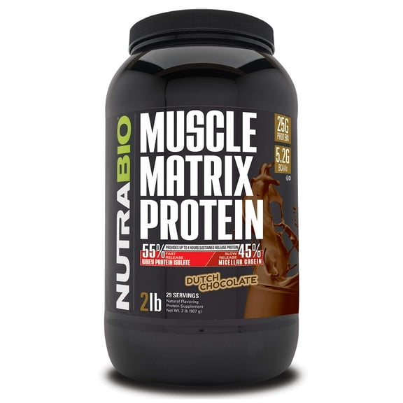 NutraBio Muscle Matrix Protein Powder - 25g of Protein Per Scoop - Whey Isolate and Micellar Casein Combo for Fast and Slow Release - Dutch Chocolate- 2 Pounds, 28 Servings