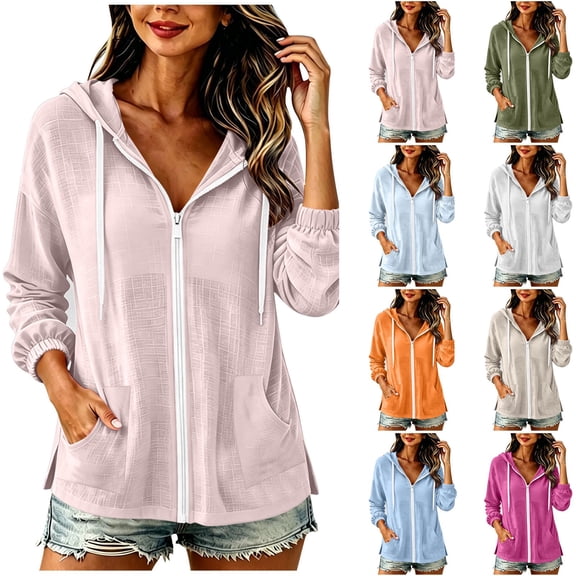Sahpxhe Womens Zip Up Hoodies Cotton Linen Loose Long Sleeve Thin Jackets Casual Lightweight Beach Cover up Beige S