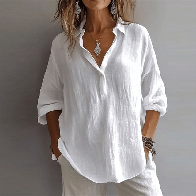Neewe Womens Cotton Linen Button Shirts 3/4 Sleeve Blouses Casual Collared Loose Fit Tops Daily