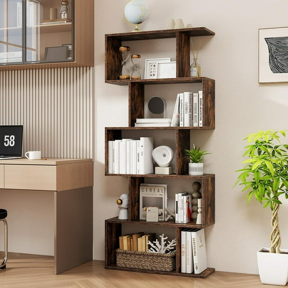5 Tier Geometric Bookcase, S Shaped Bookshelf, Modern Decorative Storage Shelving, Wooden Room Divider Bookcase, 62.5" Tall Staggered Display Book Shelf for Living Room