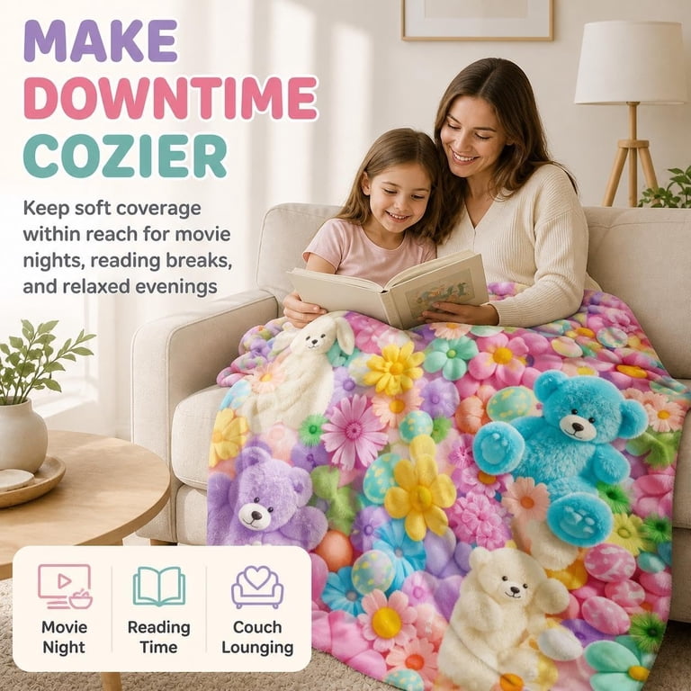 Teddy Pastel Floral Print Blanket 3D Bear Design Fluffy Colorful Throw ...