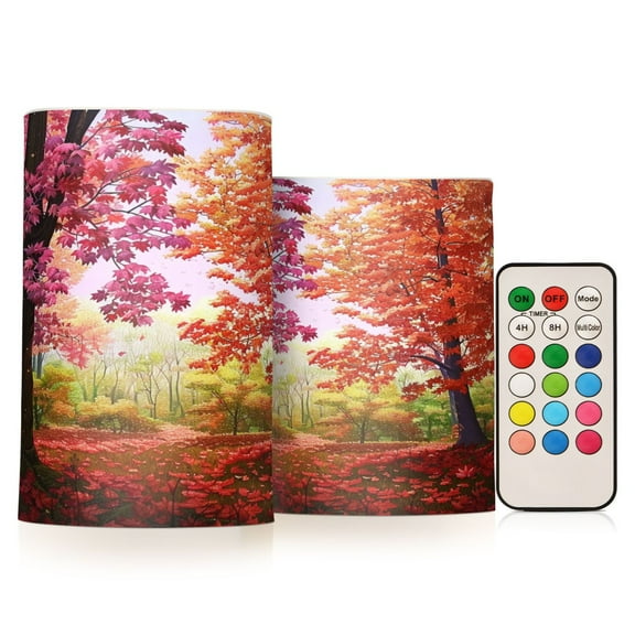 ALAZA Autumn Forest 2 PCs LED Flickering Flameless Candles with Remote Timer Battery Operated Candle