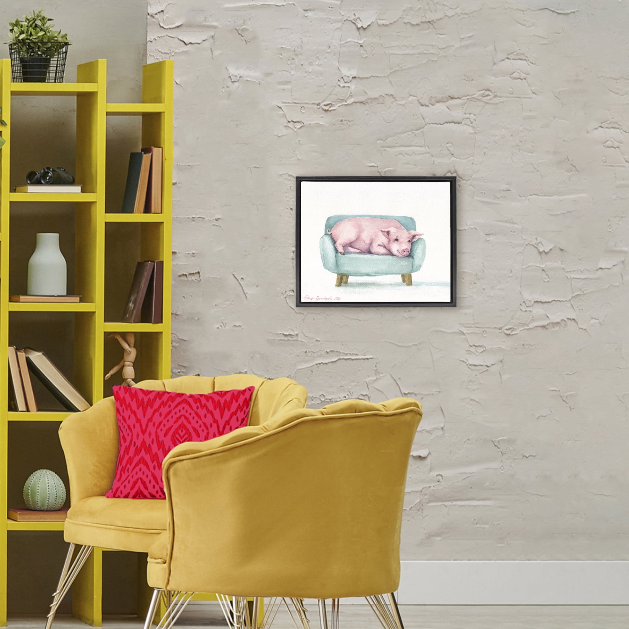 Stupell Industries Cute Piglet on Armchair Black Framed Floater Canvas Wall Art, design by George Dyachenko