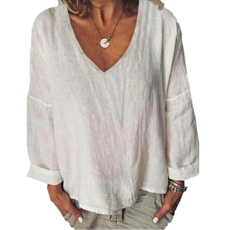 Women's Linen Shirts 3/4 Ruffle Sleeve Loose Breathable Tunic Blouses Casual V Neck Summer Tops