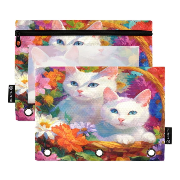 2 Pack 3 Ring Binder Pouch with Clear PVC Window Water Resistant Zipper Pencil Pouch Two White Beautiful Cats Binder Pocket for Classroom Office Home Stationery Organization