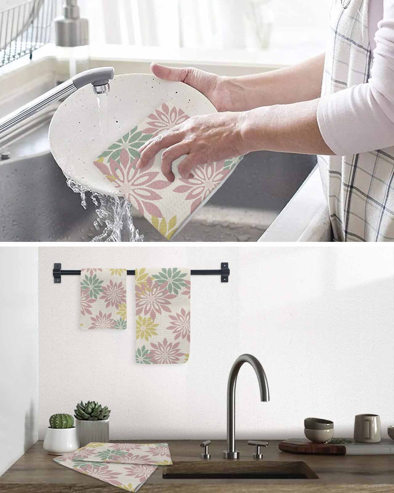 Geometric Flower Kitchen Dish Towels for Drying Dishes Set of 4, Vintage Country Floral Pink Green on Linen Waffle Weave Microfiber Hand Tea Bathroom Towels Quick Dry & Absorbent Towel 12x12
