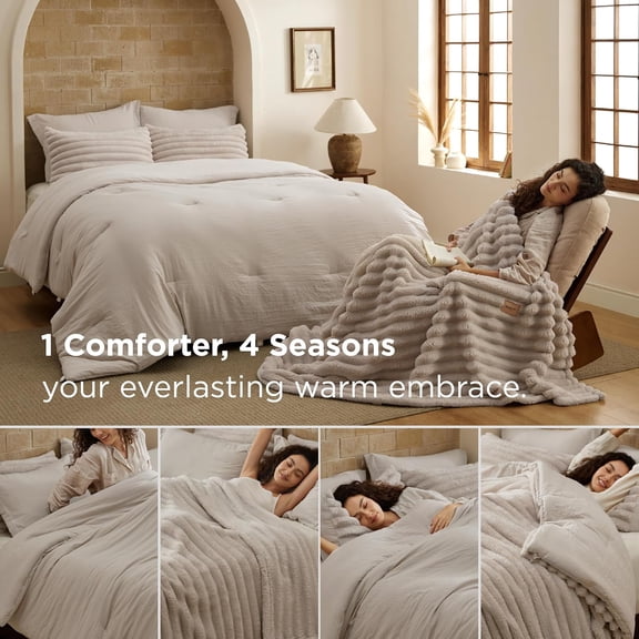 Gentlesoft 2-in-1 Queen Comforter Set and Detachable Fluffy Blanket, Beige Bedding Set for All Season Use, SnapTech Design for Space Saving (Includes 2 Pillow Shams, 2 Pillowcases)