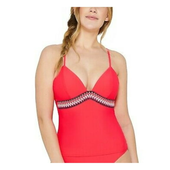 HULA HONEY Women's Orange Stretch Push-Up Tassel-Tie Lined Deep V Neck Fixed Cups Zig Zag Zink Tankini Swimsuit Top M