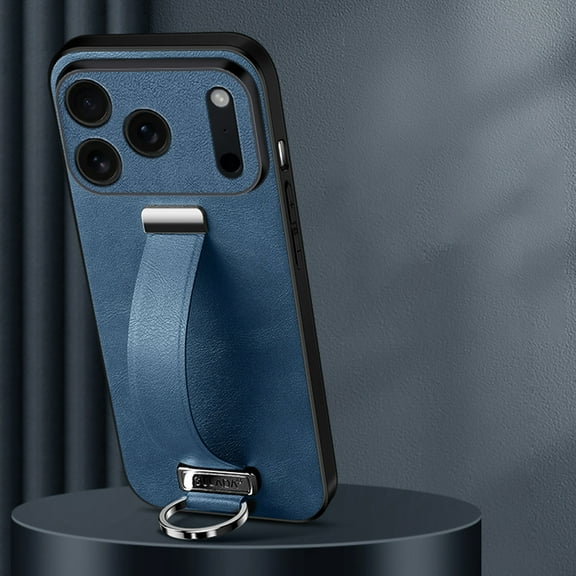 Wristband Case for iPhone 17 Pro, Premium PU Leather Slim Lightweight Shockproof Protection Phone Cover Case with Secure Finger Ring Wrist Strap for iPhone 17 Pro, Darkblue