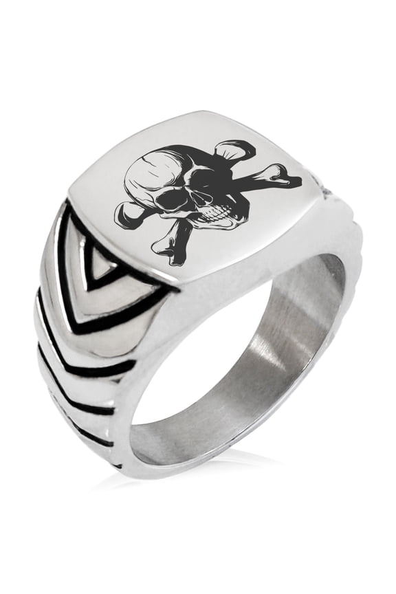 Stainless Steel Iconic Pirate Crossbones Skull Chevron Pattern Biker Style Polished Ring