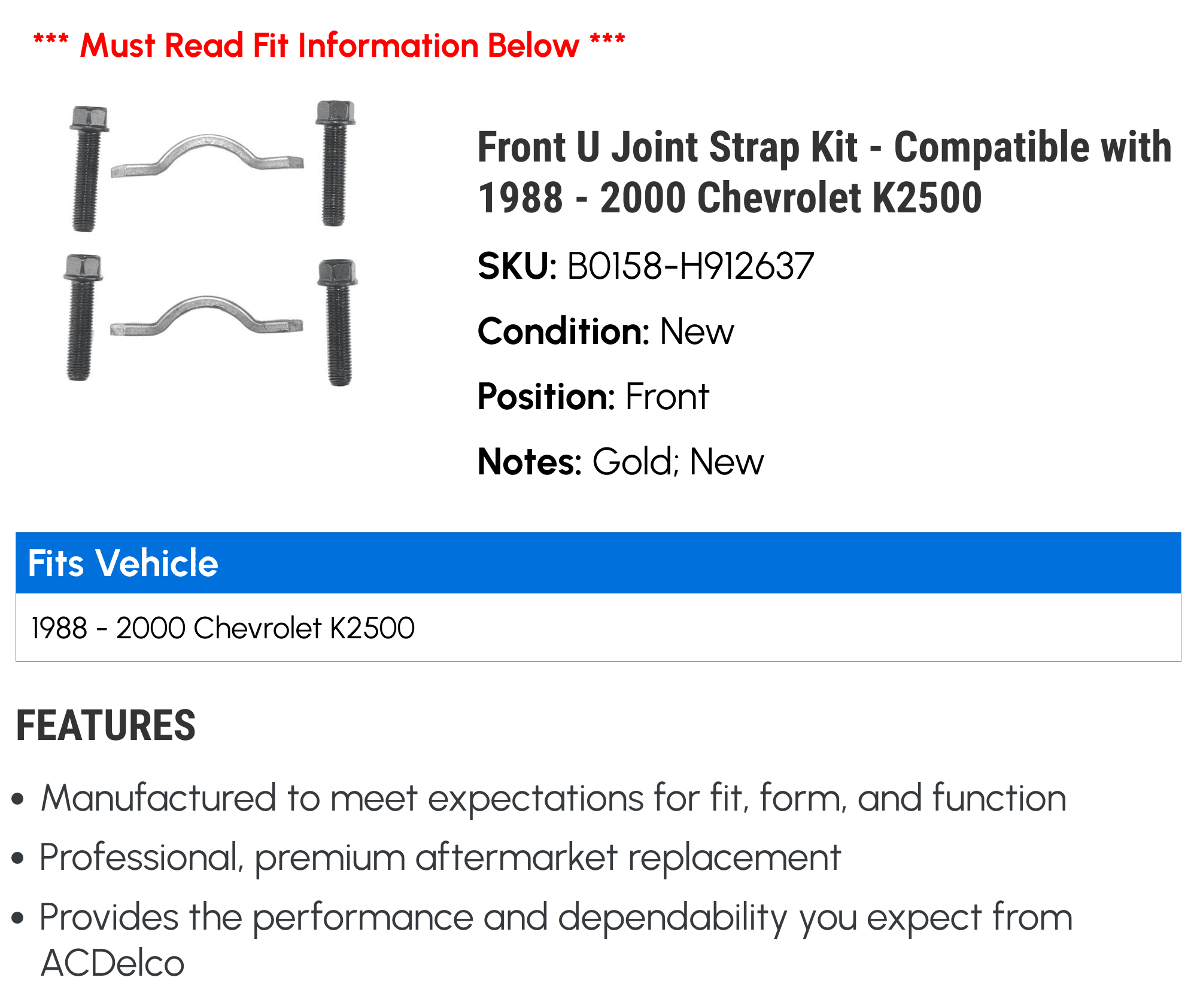 Front U Joint Strap Kit - Compatible with 1988 - 2000 Chevrolet K2500 - AC Delco