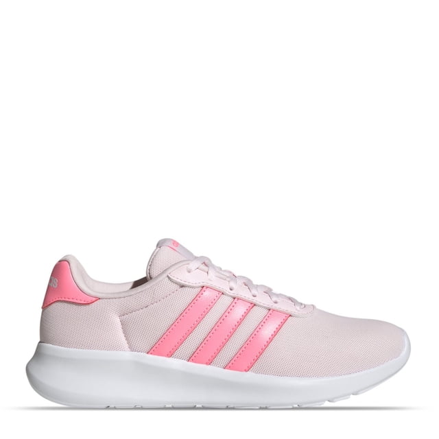 tenis adidas mujer lite racer 3.0 rosa 23.5 cm zapatilla lateral derecha, empeine de malla rosa claro con tres franjas rosa más intenso y cordones planos, puntera redondeada, suela blanca alta de EVA y talonera con logo adidas; pensada para uso diario y a menudo usada también para paseos y viajes casuales.