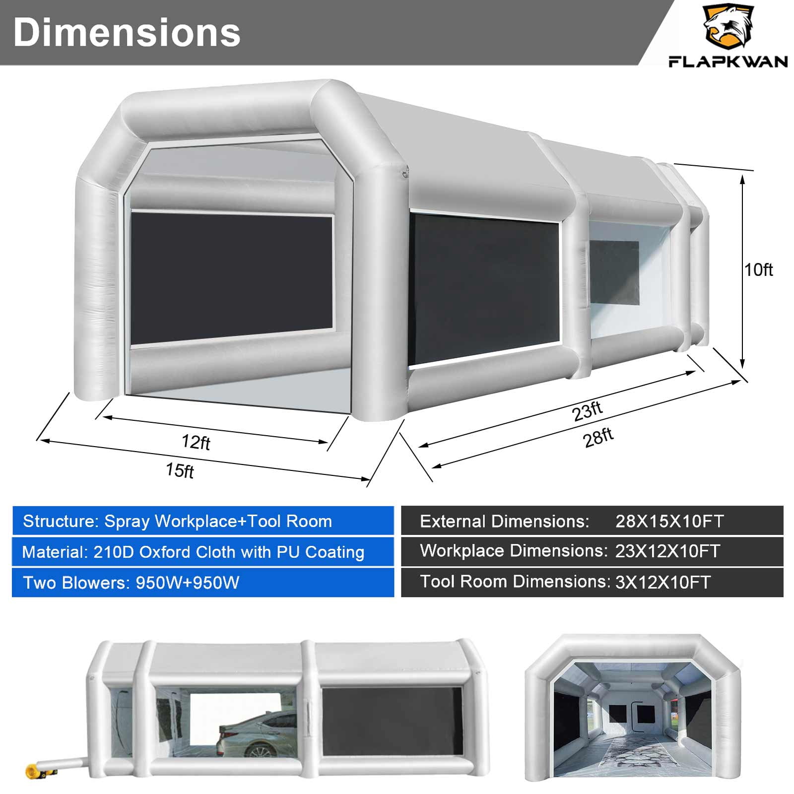 FLAPKWAN 28X15X10FT Inflatable Paint Booth with High-Power Blowers 950W+750W, Professional Car Painting Workstation Portable Spray Paint Booth with Oversized Air Filter System