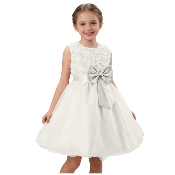 Makaor Flower Girl Dress for Weddings Ruched Bow Formal Dresses Mesh Sleeveless Ball Gown Dress Empire Waist Birthday Party Dresses