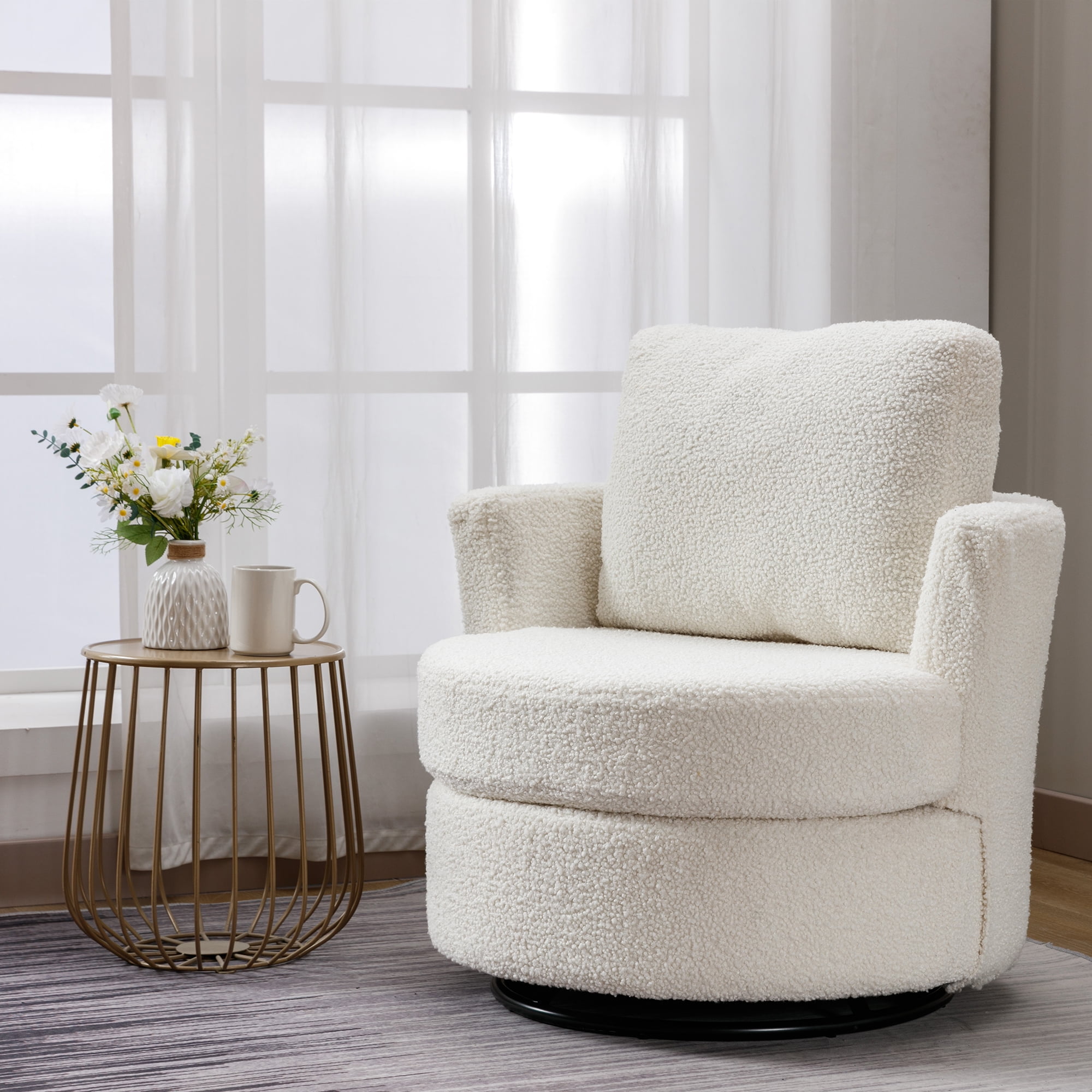 Room Chair, Accent Living for & Beige Chair Armchair Sherpa Swivel Chenille Chair Sofa Comfy Barrel Nursery, Chair Round Muumblus