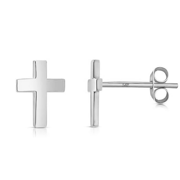 14k Solid Gold Small Polished Flat Plain Mini Cross Stud Earrings 5mm, White Gold