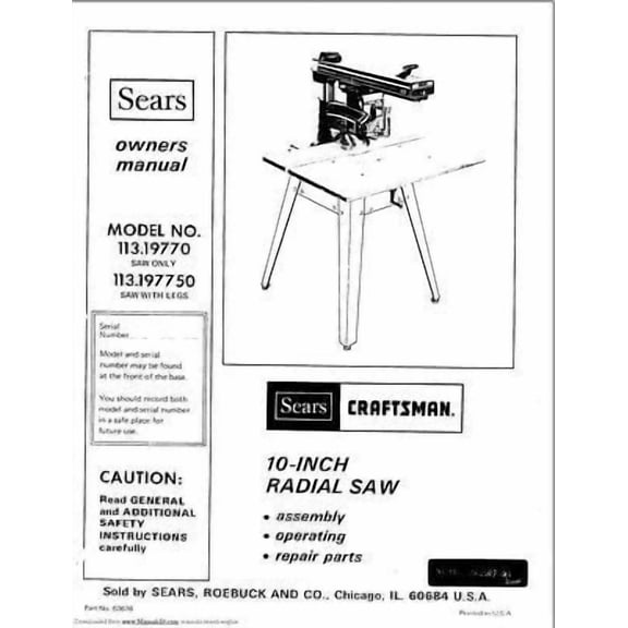 1978 Craftsman 113.19770 & 113.197750 10" Radial Arm Saw Instructions REPRINT