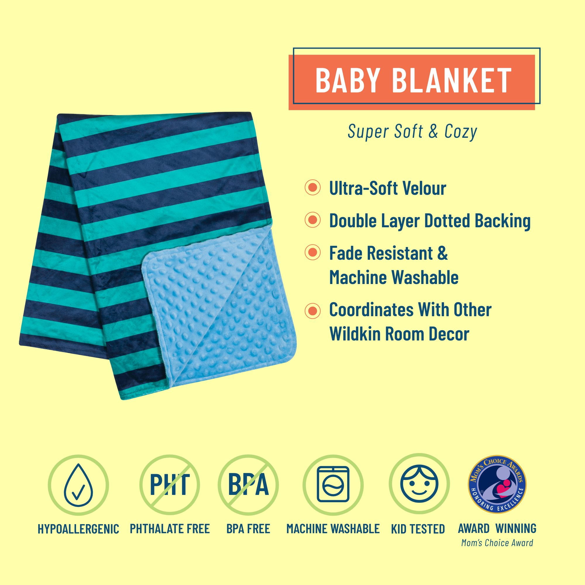 Wildkin Plush Velour Baby Blanket for Girls and Boys (Blue Stripes)