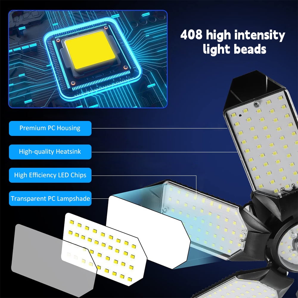 Kepeak LED Garage Ceiling Lights, 200W 6500K with 8+1 Deformable Panels Garage Lights for Garage, Workshop, Support E26/E27